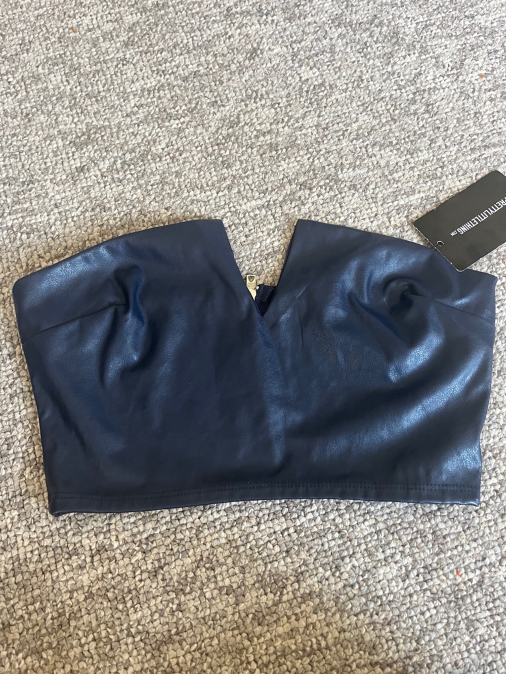 PrettyLittleThing Navy Faux Leather Strapless Crop Top